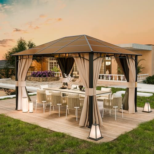 UDPATIO 3x4 m Pavillon Polycarbonat mit Vorhängen, Wetterbeständige Legierungen-Gartenpavillon wasserdicht stabil Winterfest UV-Schutz 6x6 cm starken Pfosten für Garten, Terrasse, Champagner