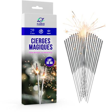 Cierge Magique 40 Secondes - Lot de 60-14/18cm, idéal pour Décoration de Gateaux, Bougie anniversaire étincelante Accessoire mariage - Catégorie F1 - PLANETE FUMIGENE®