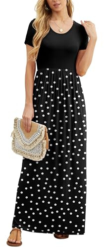 GRECERELLE Womens Maxi Dress Summer Casual Ladies Short Sleeve Crew Neck Long Dresses with Pocket for Daily, Holiday, Travel, Maternity (Polka Dots White Black, XXXL)