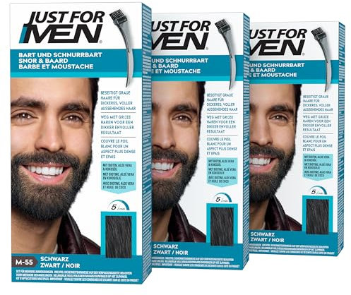 Just For Men Barba e baffi, tinta per barba, per uomini, facile da usare, elimina i capelli grigi, per un aspetto più naturale, nero (M55), confezione da 3 (3 x 28 g)