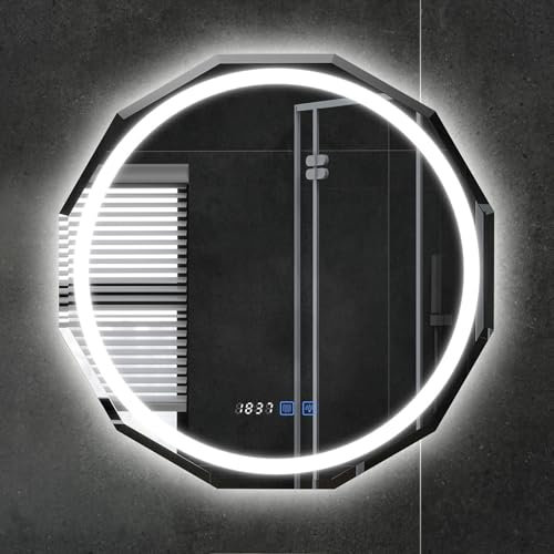 ARTETHYS Bathroom Mirror with LED Lights, 600mm Bathroom LED Mirror Wall Mounted, Vanity Makeup Illuminated Round Mirrors with 3 Colour Temperature Demister Touch Control