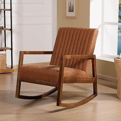 chairus Schaukelstuhl Holz Schaukelsessel mit Armlehnen, Kunstleder Stillsessel Wohnzimmer Schlafzimmer, Gepolsterter Schwingsessel Retro Stillstuhl, Braun