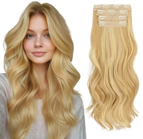 Sofeiyan Extension Capelli Clip 4PCS 50 cm Ondulati Posticci Sintetici Morbidi Naturali Fermagli Antiscivolo Invisibili Capelli Estensioni a Clip per Donna, Biondo Dorato Scuro con Biondo Beige