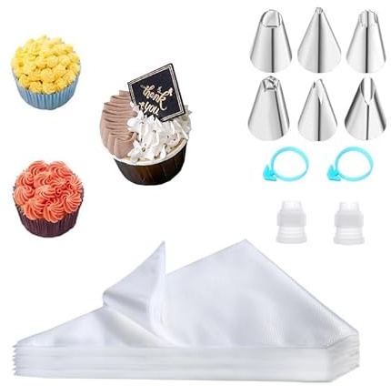 MSIHEY Spritspåsen innehåller 6 spritstyllar i rostfritt stål och 110 engångsspritpåsar, lämplig för cupcakes, äggkakor, kex, kakdekoration, perfekta bakredskapspresenter.