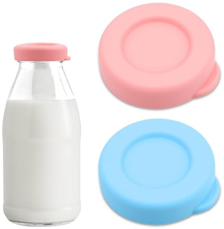 2 tapones reutilizables de silicona para botellas de leche de 48 mm de diámetro, tapas de repuesto coloridas para botellas de leche de vidrio (1 rosa + 1 azul)