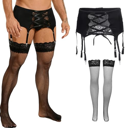 ohyeahlady Porte Jarretelle Homme Ensemble String Porte jarretelle Bas résille Autofixant Lingerie Dentelle Homme String Jockstrap Tenue Club Libertin Bretelles Large(S,Noir+Bas)