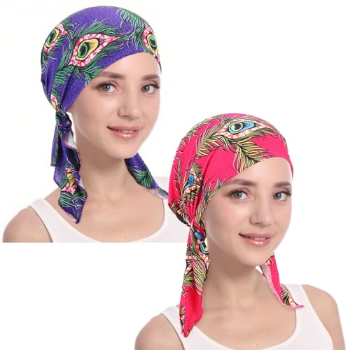 XYIYI 2 Pieces Womens Chemo Headwear Hat Turban Beanie, Pre-Tied Cancer Head Wrap Bandana for Hair Loss