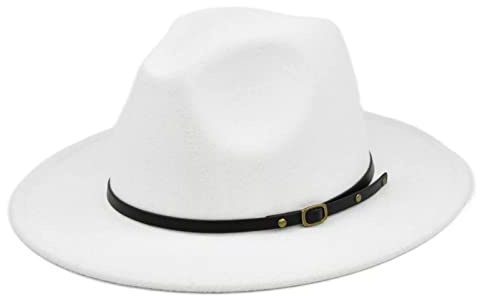 Classic Wool Fedora Hat with Belt Buckle Felt Wide Brim Panama Hat Vintage Jazz Hat for Men and Women White