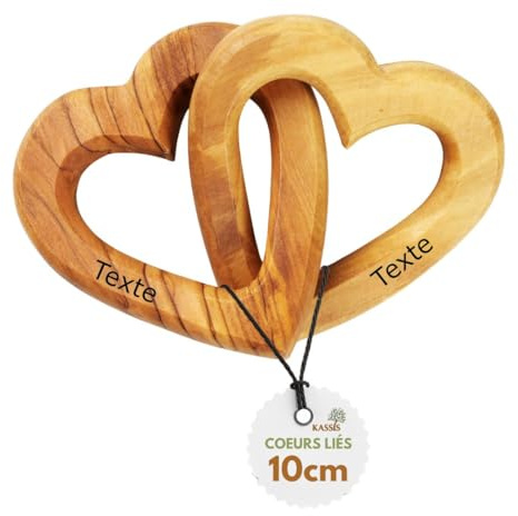 KASSIS Olive Wood Hearts for Bride and Groom, for Valentine's Day, Anniversary, Wedding Anniversary, Birthday - Connected Wooden Hearts - Wedding Gift (Desired engraving, 10 cm)