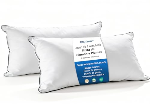 Dafinner 3 cámaras Almohada 40 × 80 cm-2 Unidades, 90% plumón cámaras ext. Mezcla Plumas INT., Oeko-Tex Downpass Soporte Medio Funda algodón orgánico