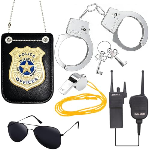 VyxStelyndric 5 Pièces Accessoires Deguisement Policier Enfant, Menottes Police Badge Sifflet Jouet Talkie Walkie Lunette de Soleil pour Jeu de Costume Policier Enfant Fête de Carnaval