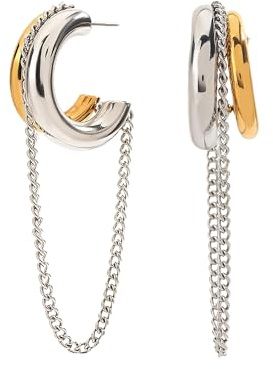 MIYUEFAN Pendientes Mujer Plata de Ley 925, Pendientes Aro con Cadena Chapado en 14K Oro Hipoalergenicos De Moda Joyería Regalos para Mujeres Niñas (Oro & Plata)