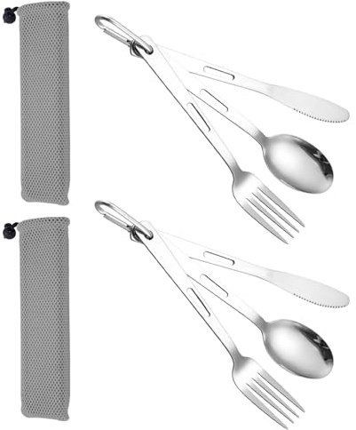 Campingbesteck, Reisebesteck, Camping Besteckset 1 Person, Outdoor Besteck, Wanderbesteck, Besteck Für Unterwegs, 4-teiliges Set in grauem Netzbeutel, 7 x 27 cm, 2 silberne 3-teilige Sätze