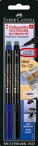 Faber-Castell 156296 - Set de marqueurs MULTIMARK permanents, épaisseur S, 0,4 mm, 2 marqueurs universels, noir et bleu