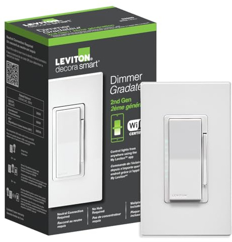 Leviton Decora Smart Dimmer Switch, Wi-Fi 2nd Gen, Neutral Wire Required, Works with Matter, Alexa, Google Assistant, Apple Home/Siri, Wired or Wireless 3-Way, D26HD-1RW, White