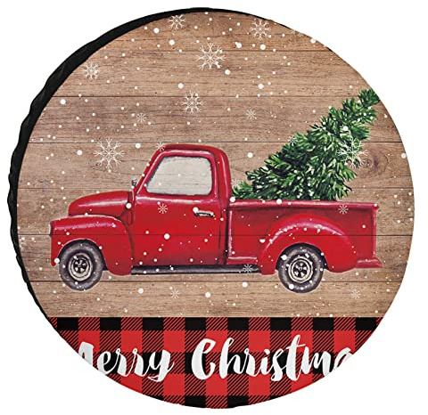 Cubierta de llanta de Repuesto 14 Pulgadas Feliz árbol de Navidad Camión Rojo Protector de Rueda de llanta Universal Tablero de Madera Retro Cubiertas de llanta Impermeables/a Prueba de Polvo Acceso