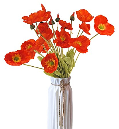 Ikosora Lot de 5 fleurs artificielles à longues tiges de coquelicots pour décoration de vase et maison, mariage (orange)