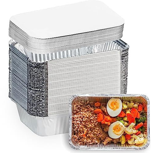SENENQU 50PZ ​​Bandejas Aluminio Desechables Grandes​​ 1000ml con Tapa - Bandejas Desechables Aluminio Cuadradas para Horno, Asar, Vocinar - 22x15cm​​
