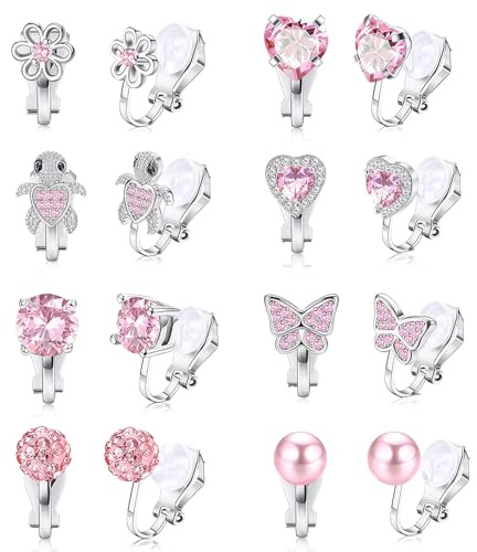Ohrclips Mädchen Clip Ohrringe 8 Paar Ohrclips Kinder Ohne Ohrlöcher Clip on Ohrringe Mädchen mit Schmetterlinge Blumen Liebe Schildkröten Hypoallergene Ohrclips für Kinder Mädchen Geschenk