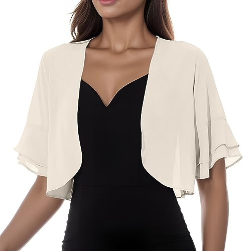 MODSGUE Bolero de gasa fina y corta para fiesta, blusa de manga corta, cárdigan de novia, chaqueta de verano para mujer, bolero festivo, beige, L
