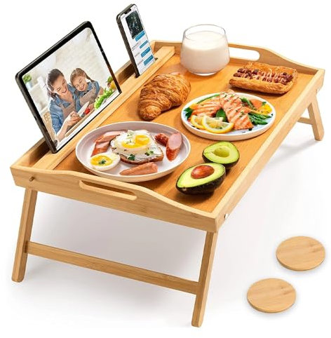 Phillipa Home Bed Tray Eating with 2 Coasters - Large Natural Bamboo Breakfast Bed Tray for Laptops 17.3 Inches, Ideal for Food and Drinks