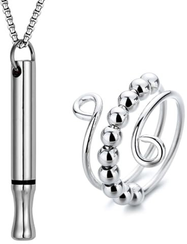 XPEX 2 Stück Rauchentwöhnung Kette Set, Halskette Rauchfrei Rauchentwöhnung Hilfsmittel, Kette Achtsamkeitskette Lindert Stress Und Reduziert Ängste Mit 1 Antiangst Ring(Silber)