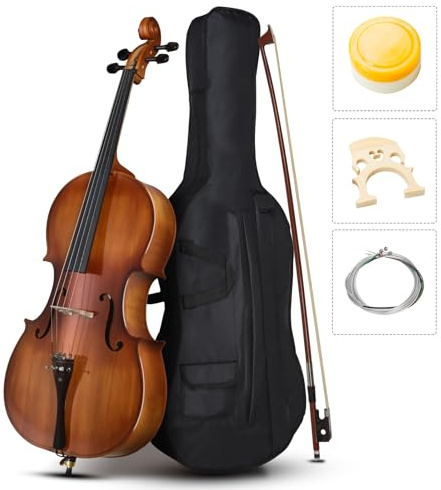 Full Size 4/4 Cello Set with Case, Bow, Rosin, Bridge, Extra Strings - Spruce Panel Wood Acoustic Cello for Adults Beginner (Matte Natural)