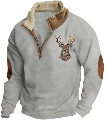 YOSUWOAI Sudadera para Hombre con Estampado de Ciervo de Caza, con 1/4 de Botonadura, Manga Larga, Cuello Alto, Ajuste Holgado, Sudadera de Invierno Vintage, Parte Superior de Trabajo de Gran Tamaño