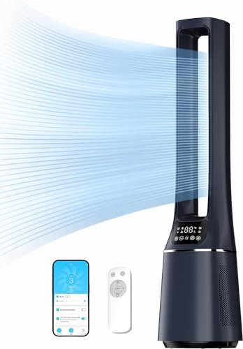 Midea MBF150BSUK 2-in-1 Bladeless Tower Fan, DC Motor - Ultra Quiet Fan with LED Display, Smart App Control & Remote, HEPA Filter For Air Purify, 10 Speed Settings & 12H Timer, Dark Blue