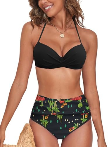 NLAND Traje de Baño Mujer Dos Piezas Conjunto Bikini Push Up de Cintura Alta con Estampados Florales Bikini Sexy Sets Talla Grande(Estampado Negro,L)