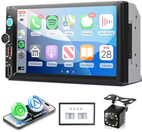 VECHTEL Bilradio 2 Din med Carplay Android Auto trådlös, 7 tum IPS pekskärm Stereo Bil Stöd Bluetooth Radio FM EQ USB/AUX/Typ-C Spegellänk SWC MIC Bakkamera