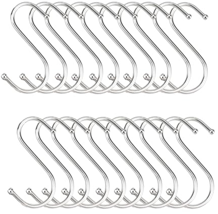VISTTUSWILL 20-Pack Stainless Steel S-Hooks, Silver, Heavy-Duty Metal S-Hooks for Hanging Clothes, Towels, and Meats Small Size