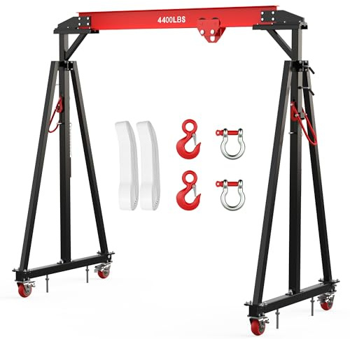 Adjustable Gantry Crane with Manual Trolley, Hook and Sling Strap, 2 Ton 4400 LBS Capacity, Portable Gantry Crane Height Adjustable 97 to 141 with 12 Positions, for Factories, Warehouses, Constructi
