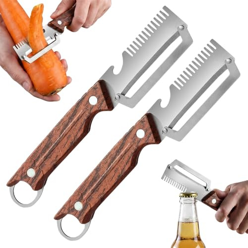 Pelapatate Utensile Multifunzione, 2026 Nuovo Pela Patate Professionale, Pelapatate Acciaio Inox Con Manico in Legno E Apribottiglie, Pelapatate Multifunzione per Patate Carote Zucca (2Pcs)