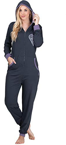 maluuna - Damen Jumpsuit, Onesie, Overall, Einteiler mit Bündchen an Arm- und Beinabschluss aus 100% Baumwolle, Farbe:anthrazit, Größe:32-34