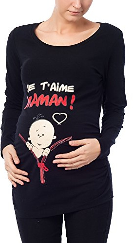 M.M.C. Je T'Aime Maman - Simpatica graziosa T-Shirt Premaman Manica Lunga per la Gravidanza (Nero, Large)