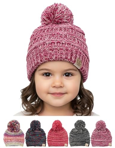 Funky Junque Toddler Pom Beanie – Warm Kids Winter Hat for Ages 1–4, Cozy Knit Snow Beanies for Baby Boys & Girls - 4 Tone Mix - Fuchsia, Burgundy, Ivory, Indi Pink