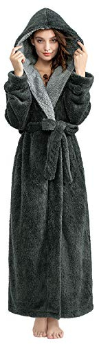Hellomamma Long Hooded Robe for Women Luxurious Flannel Fleece Full Length Bathrobe Winter Warm Pajamas Shower Nightgown Grey X-Large