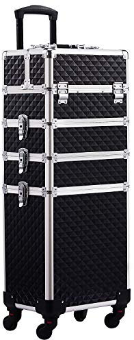 Joligrace 4-in-1 Tall Vanity Case for Women Makeup Box Make Up Beauty Trolley on Wheels Professional Large Makeup Case Organiser Rolling Box Nail Technician case with Locks (Black)
