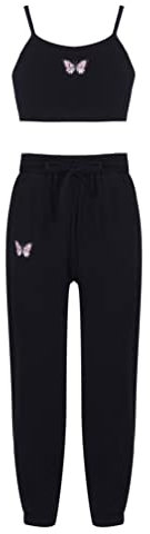 iiniim Mädchen Sport Kleidung Set Jogginganzug Schmetterling Druck Crop Top Oberteile mit Fitness Hose Jogger Tanz Yoga Training A Schwarz 146-152