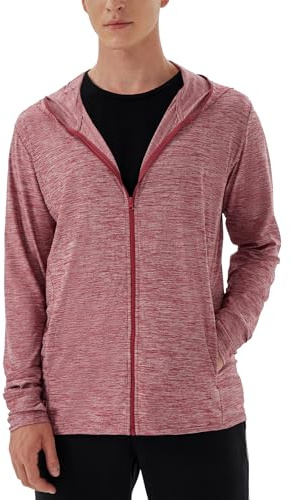 Woitury Men's Hiking Shirt UV Full Zip Up Sun Protection Jacket Hoodie with Thumb Holes Lightweight Fishing Cooling Shirt Dark Red XL
