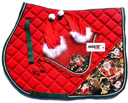 Santa Claus Christmas Horse Saddle Pad and Fly Veil Set Equestrian Tack (COB)