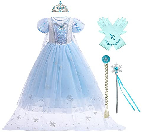 HIHCBF Costume di Carnevale Ragazze Frozen Elsa Vestito da Principessa Bambine Costumi per Compleanno Natale Festa Halloween Cosplay Cerimonia Abiti con Accessori 5-6 anni