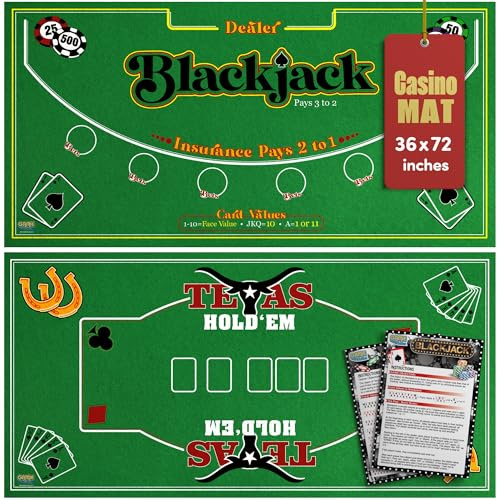 Gamie Double Sided Felt Casino Mat, 36” x 72” for Blackjack & Texas Hold’em Poker, 2-in-1 Texas Holdem Poker Mat & Blackjack Mat, Professional Grade Poker Tabletop Mat with Instructions Booklet