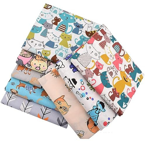 CraftsFabrics 8pcs/lot 40cmx50cm Cute Cats Dogs Cartoon Animals Fat Quarters Bundle 100% Cotton Printed Precut Craft Fabric Squares for Children's Quilting, Arts, Crafts, DIY Projects