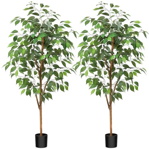 Fopamtri Artificial Ficus Plant 120 cm Large Fake Plants Indoor with Natural Wood Trunk, Fake Potted Ficus Tree for Home Bedroom Office Balcony Garden Decorations (2 Pack)