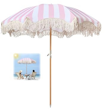 ELZEM Strandschirm 180cm Mit Quasten Rosa Gartenschirm Uv Schutz Sonnenschirm Neigbar Balkonschirm 8 Rippen Terrassenschirm Wasserdicht Knickfunktion Für Garten Balkon Und Terrasse/Tragetasche