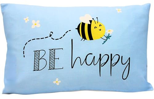 Dekohelden24 Zierkissen - Kuschel Kissen mit Biene/Dekokissen - Kopfkissen - BE Happy - L/B/H ca. 40 x 13 x 23 cm, 100% Baumwolle.