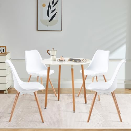 FURNITABLE Matrumsgrupp, matbord med 4 stolar, runt köksbordsset och matstolar, matgrupp för kök, matsal, vardagsrum (vitt bord + 4 vita stolar)