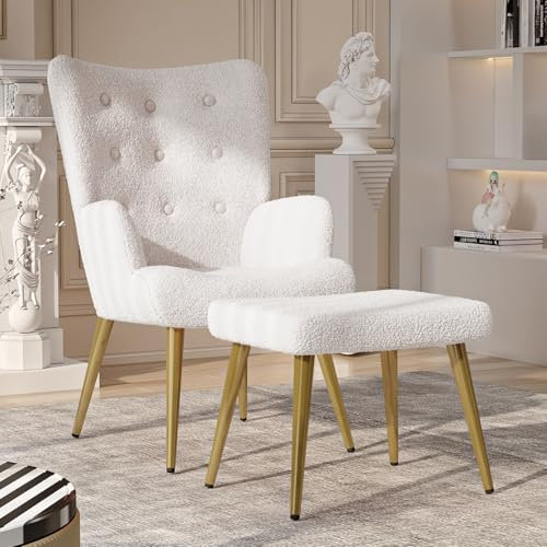 EIFSON Fauteuil Scandinave avec Repose Pieds, Fauteuil de Salon en Tissu Bouclette, Fauteuil Chambre, Fauteuils et Chaises pour Salon, Blanc